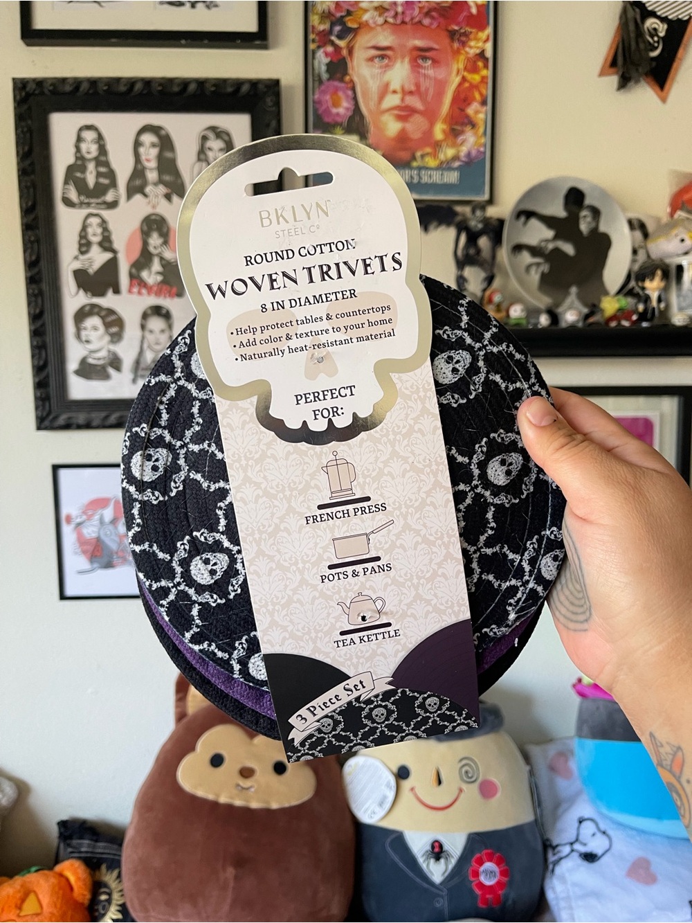 Woven Cotton Round Trivets - Black & Purple (3pc)
